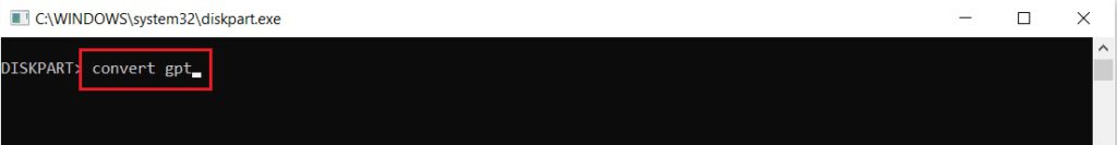 convert-gpt-command-in-diskpart-command-prompt-or-cmd-window-1024x133-1 إصلاح لا يمكن إنشاء قسم مساحة جديد غير مخصص على Windows 10