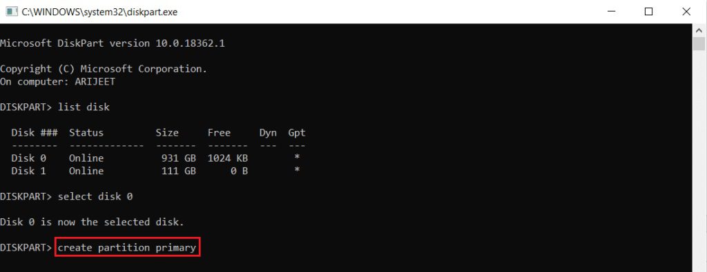 create-partition-primary-command-in-diskpart-command-prompt-or-cmd-window-1024x395-1 إصلاح لا يمكن إنشاء قسم مساحة جديد غير مخصص على Windows 10