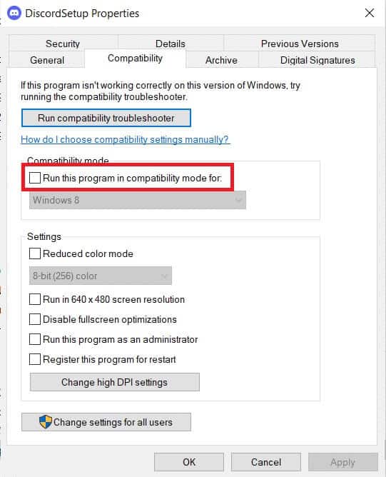 disable-run-this-program-in-compatibility-mode-for إصلاح مشكلة تعطل Discord باستمرار