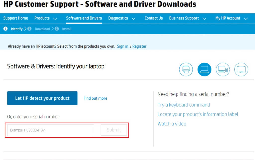 enter-laptop-serial-number-in-hp-download-driver-page-1024x646-1 إصلاح خطأ تطبيق معرف الحدث 1000 في نظام التشغيل Windows 10