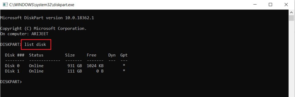enter-list-disk-command-in-the-elevated-Diskpart-command-prompt-or-cmd-window-1024x337-1 إصلاح لا يمكن إنشاء قسم مساحة جديد غير مخصص على Windows 10
