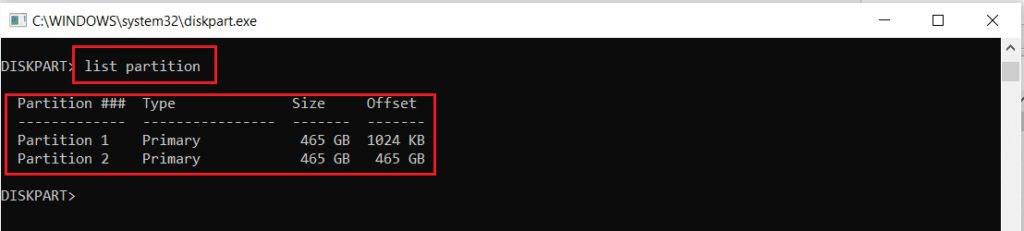 execute-list-partition-command-in-Diskpart-command-prompt-or-cmd-window-1024x231-1 إصلاح لا يمكن إنشاء قسم مساحة جديد غير مخصص على Windows 10