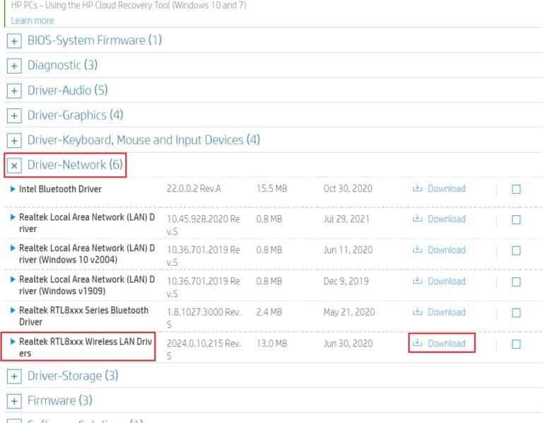 expand-driver-network-option-and-select-Download-button-with-respect-to-the-network-driver-in-hp-driver-download-page-768x598-1 إصلاح خطأ تطبيق معرف الحدث 1000 في نظام التشغيل Windows 10