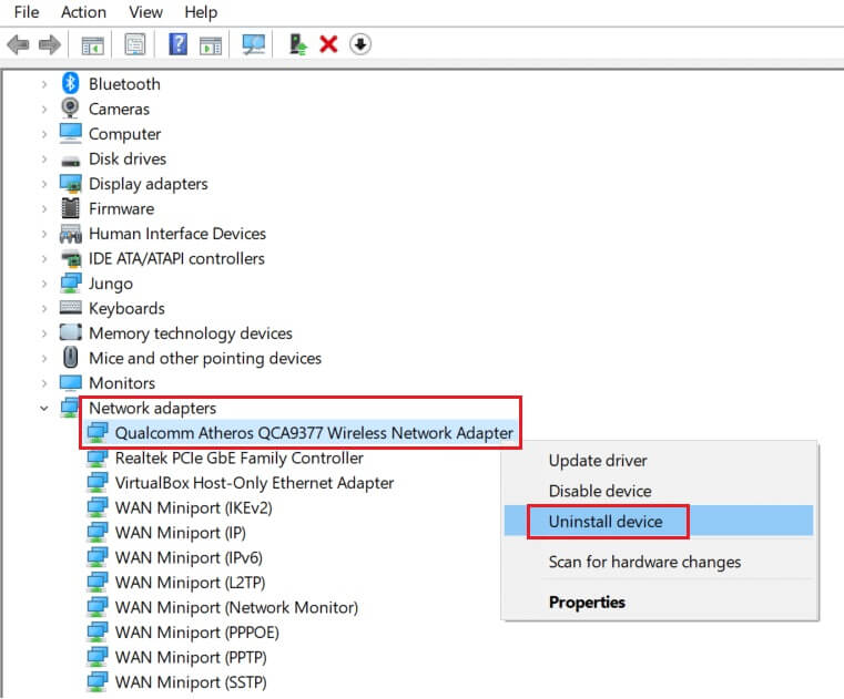 expand-network-adapters-then-right-click-on-your-network-driver-and-click-on-uninstall-device-in-device-manager إصلاح خطأ تطبيق معرف الحدث 1000 في نظام التشغيل Windows 10