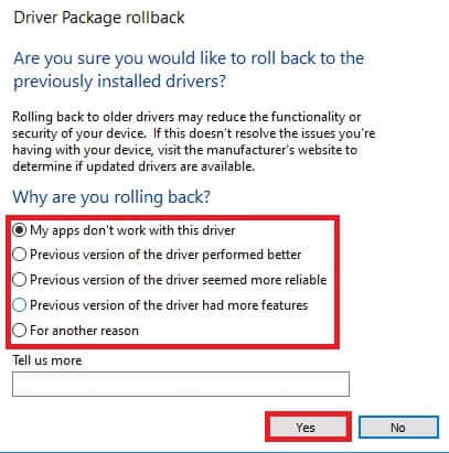 give-reason-to-roll-back-drivers-and-click-Yes-in-driver-package-rollback-window-1-1 إصلاح خطأ لا توجد كاميرا متصلة 0xa00f4244