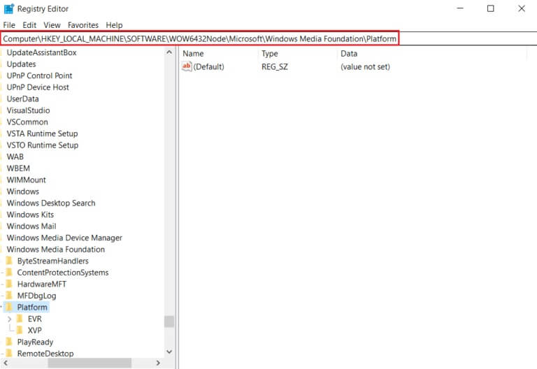 go-to-Computer-HKEY-LOCAL-MACHING-SOFTWARE-WOW6432Node-Microsoft-Windows-Media-Foundation-Platform-location-from-the-address-bar-in-Registry-Editor-768x528-1 إصلاح خطأ لا توجد كاميرا متصلة 0xa00f4244