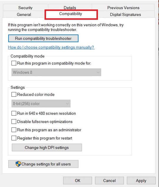 go-to-the-compatibility-tab- إصلاح عدم اتصال جهاز الكمبيوتر الذي يعمل بنظام Windows بالتلفزيون