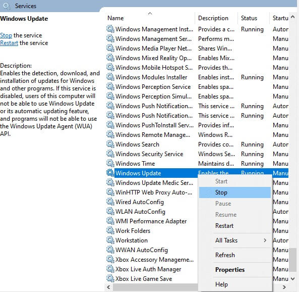 here-click-on-stop-if-the-current-status-displays-1 إصلاح خطأ التثبيت 0x8007012a في تحديث Windows