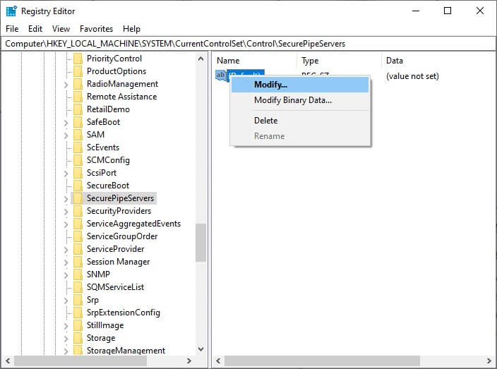 if-you-have-securepipeservers-in-the-control-folde إصلاح خطأ الخدمة 1053 على Windows 10