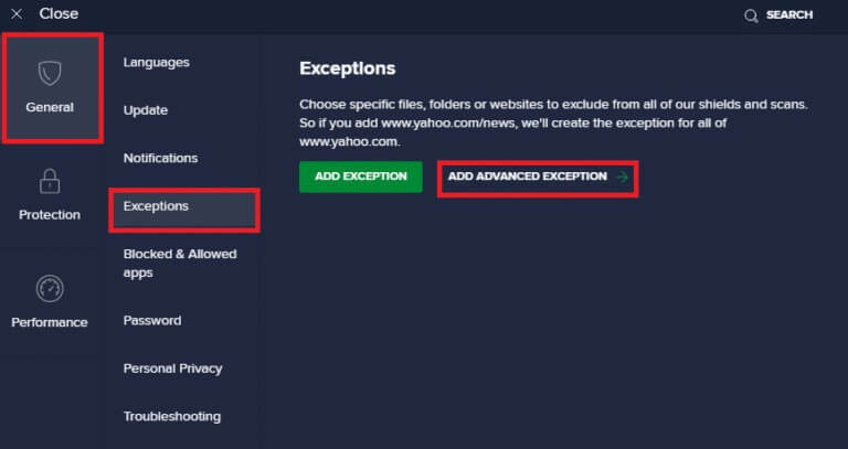 in-the-general-tab-switch-to-the-exceptions-tab-a-1-768x407-3 إصلاح خطأ فشل تحديث المشغل Warframe