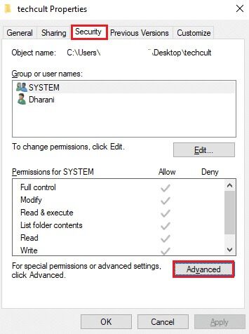 in-the-security-tab-click-on-the-advanced-option إصلاح خطأ الخدمة 1053 على Windows 10