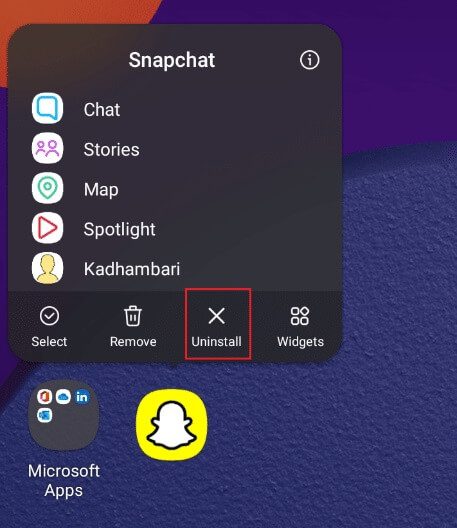 long-press-the-snapchat-app-and-tap-uninstall-opti إصلاح عدم تحميل القصص على Snapchat