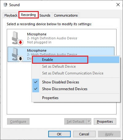 make-sure-the-default-device-is-enabled-on-your-pc إصلاح عدم عمل صوت Zoom في Windows 10