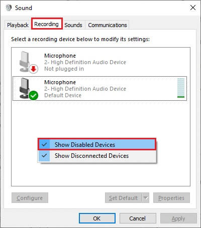 next-switch-to-the-recording-tab-right-click-on إصلاح عدم عمل صوت Zoom في Windows 10