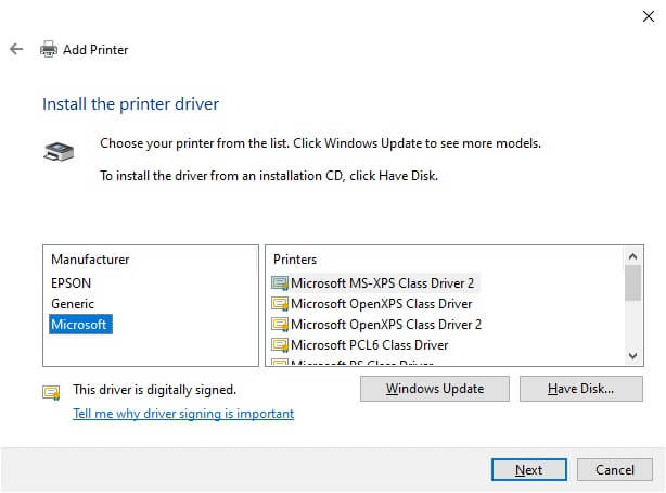 now-choose-the-manufacturer-and-printers-as-shown إصلاح خطأ المعالج غير صالح في نظام التشغيل Windows 10