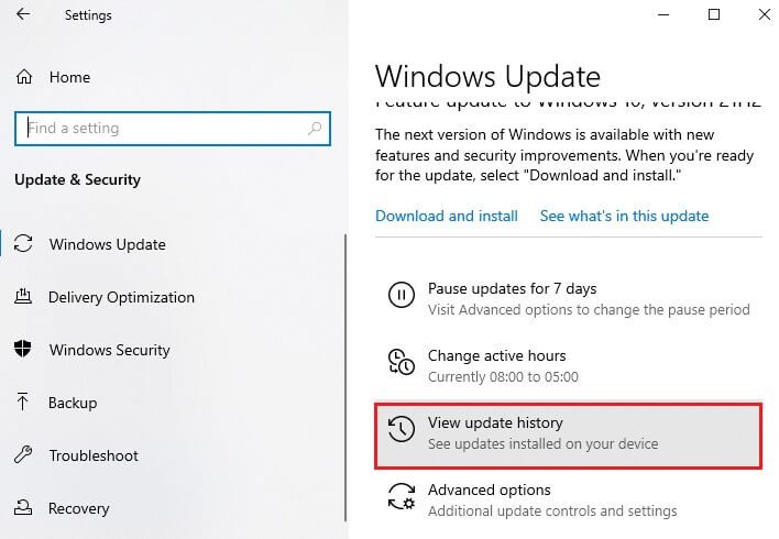 now-click-on-view-update-history-option إصلاح خطأ التثبيت 0x8007012a في تحديث Windows
