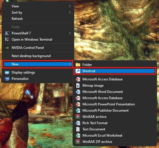 now-go-to-the-new-option-and-click-on-the-shortcut كيفية إنشاء اختصارات سطح المكتب على Windows 11