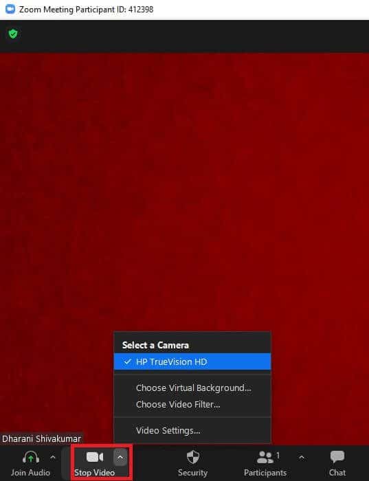 now-in-the-bottom-left-screen-click-on-stop-vide إصلاح عدم قدرة Zoom على اكتشاف الكاميرا