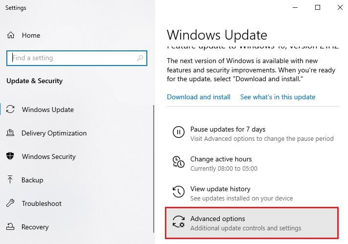 now-in-the-right-pane-click-on-advanced-options إصلاح خطأ تحديث 0x80070103 على Windows 10