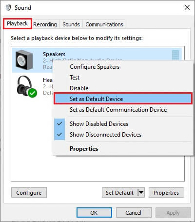 now-select-the-set-as-default-device-option-as-hi-1 إصلاح عدم عمل صوت Zoom في Windows 10