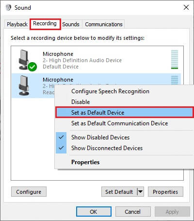 now-select-the-set-as-default-device-option-as-hi إصلاح عدم عمل صوت Zoom في Windows 10
