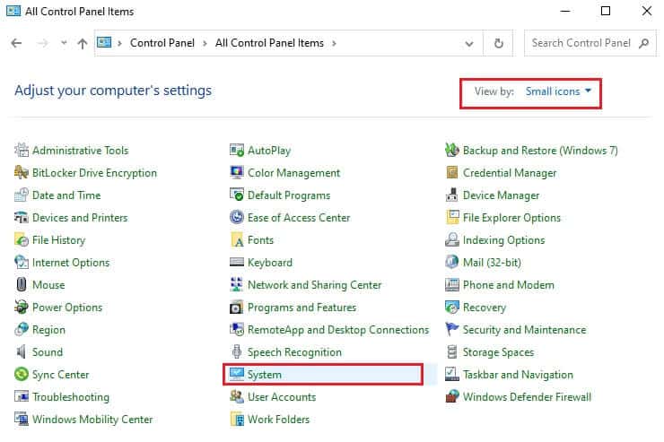 now-set-the-view-by-option-to-small-icons-and-cli إصلاح خطأ تحديث 0x80070103 على Windows 10