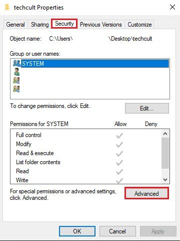 now-switch-to-the-security-tab-and-select-the-adv إصلاح خطأ الخدمة 1053 على Windows 10