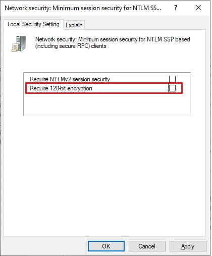now-uncheck-require-128-bit-encryption-option-to إصلاح خطأ المعالج غير صالح في نظام التشغيل Windows 10
