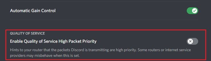 now-under-the-quality-of-service-tab-toggle-off إصلاح عدم اكتشاف Discord للميكروفون