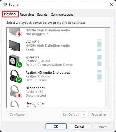 playback-tab-in-Sound-window-Windows-11 إصلاح عدم عمل وحدة التحكم في الصوت Realtek على Windows 11