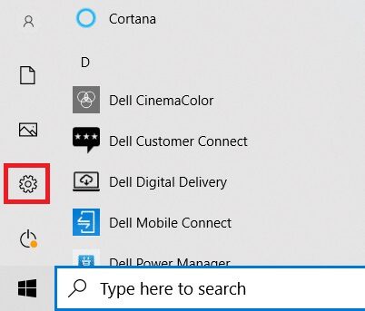 press-the-windows-key-click-settings-icon- كيفية العثور على زر السكون على Windows 10