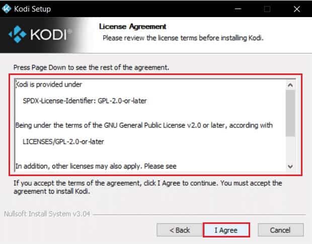 read-the-licence-agreement-and-select-I-agree-button-in-kodi-installer-window إصلاح فشل تحديث Kodi