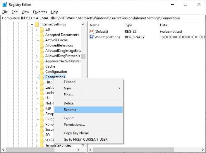 rename-connections-folder-in-registry-editor-1 إصلاح مشكلة أمان INET E في Microsoft Edge