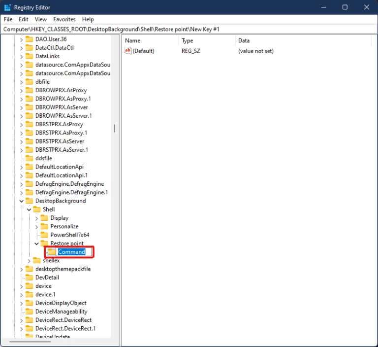 rename-the-key-as-Command-in-Registry-Editor-Windows-11-768x704-1-768x704 كيفية إضافة قائمة سياق إنشاء نقطة الاستعادة في Windows 11