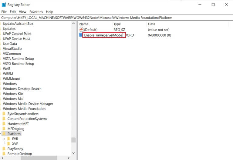 rename-the-value-as-enableframeservermode-in-Platform-key-folder-registry-editor-768x530-1 إصلاح خطأ لا توجد كاميرا متصلة 0xa00f4244