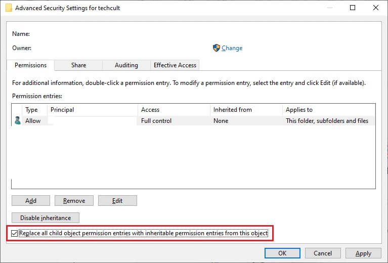 replace-all-child-object-permission-entries-with-i إصلاح خطأ الخدمة 1053 على Windows 10