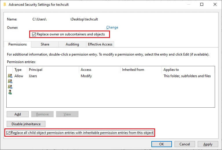replace-owner-on-subcontainers-and-objects-replace إصلاح خطأ الخدمة 1053 على Windows 10