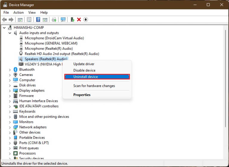 right-click-on-Realtek-audio-driver-and-select-Uninstall-device-in-Windows-11-768x563-1 إصلاح عدم عمل وحدة التحكم في الصوت Realtek على Windows 11