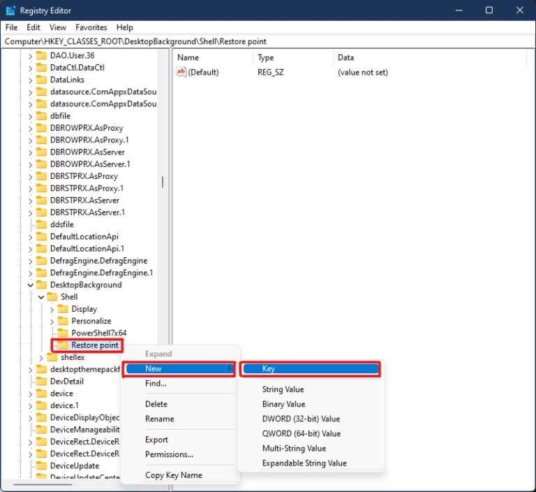 right-click-on-Restore-point-and-select-New-then-Key-in-Registry-Editor-Windows-11-768x704-1-768x704 كيفية إضافة قائمة سياق إنشاء نقطة الاستعادة في Windows 11