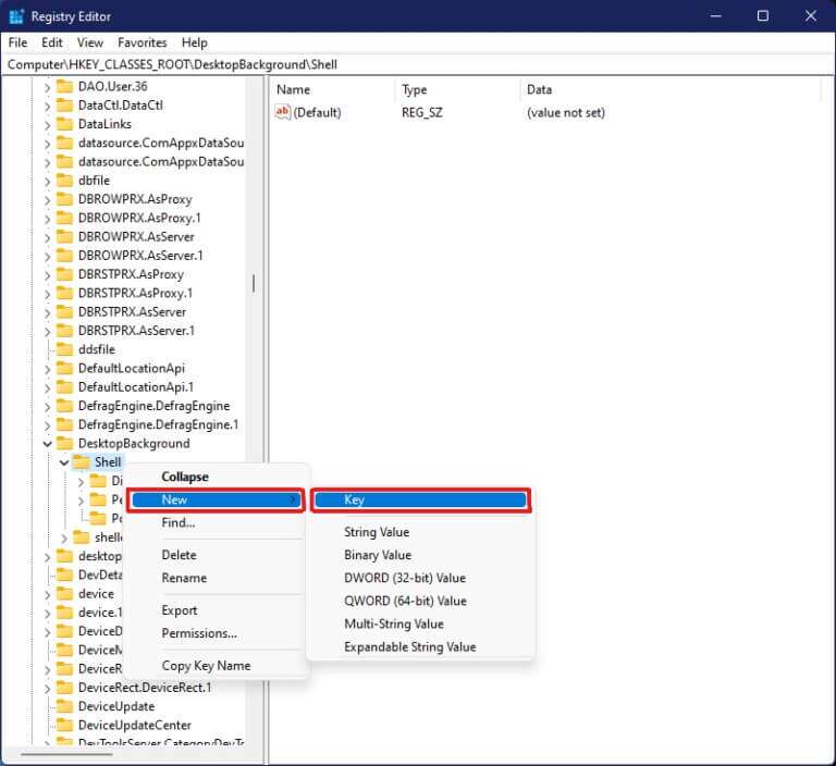 right-click-on-Shell-and-select-New-then-Key-option-in-Registry-Editor-Windows-11-1-768x704-1-768x704 كيفية إضافة قائمة سياق إنشاء نقطة الاستعادة في Windows 11