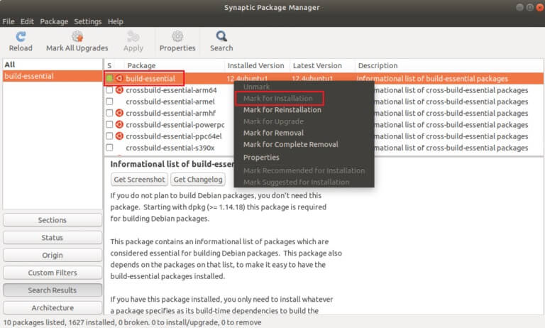 right-click-on-build-essential-and-select-Mark-for-installation-in-Snaptic-Package-Manager-Ubuntu-Linux-768x462-1 كيفية تثبيت GCC على Ubuntu