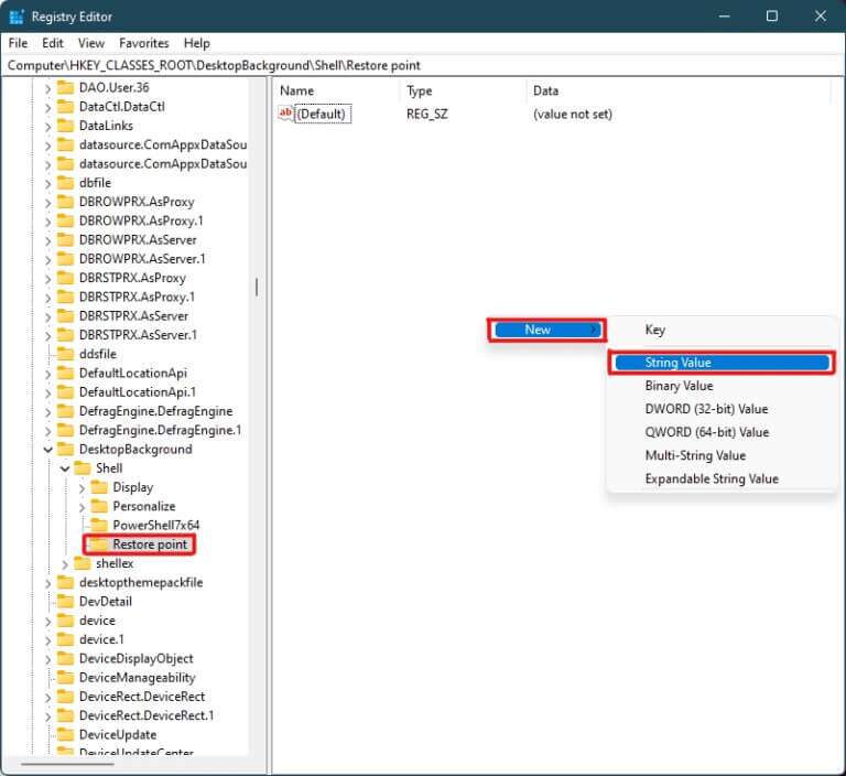 right-click-on-empty-space-on-Restore-point-key-and-select-new-then-String-value-in-Registry-Editor-Windows-11-1-768x704-1-768x704 كيفية إضافة قائمة سياق إنشاء نقطة الاستعادة في Windows 11