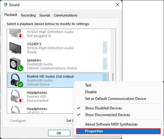 right-click-on-realtek-hd-audio-device-and-select-Properties-in-Sound-Playback-tab-Windows-11 إصلاح عدم عمل وحدة التحكم في الصوت Realtek على Windows 11