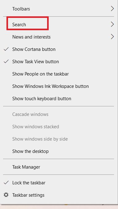 right-click-on-the-taskbar-select-search- كيفية إنشاء سطح مكتب مبسط على Windows 10