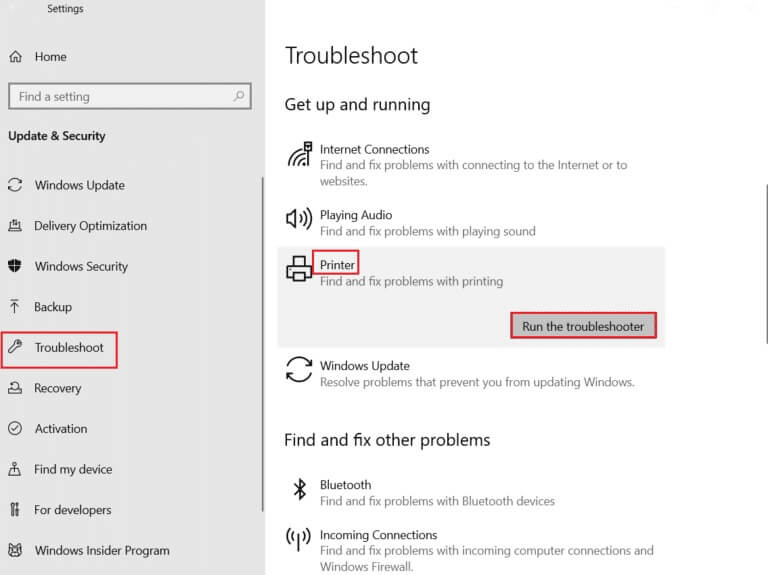 run-the-troubleshooter-for-Printer-768x575-1 إصلاح خطأ المعالج غير صالح في نظام التشغيل Windows 10