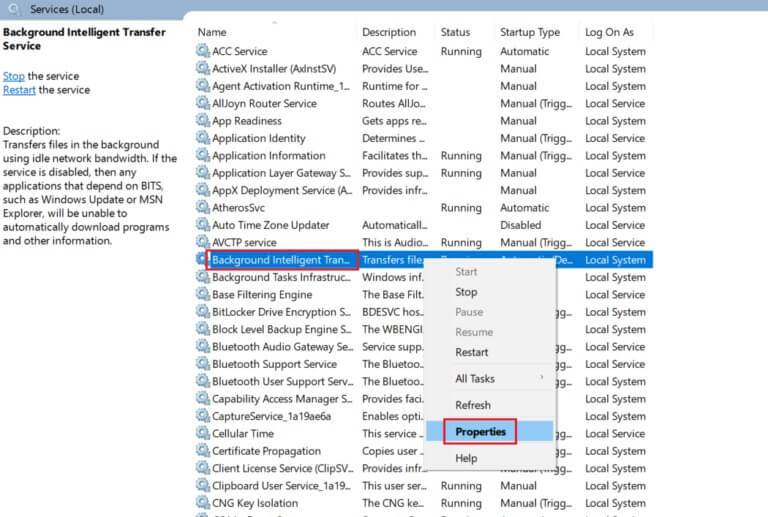 scroll-down-to-background-intelligent-transfer-service-and-right-click-on-it-then-select-properties-768x517-1 إصلاح الإستخدام العالي للقرص Ntoskrnl.exe