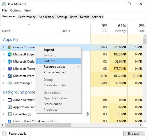 search-and-select-the-google-chrome-tasks-running إصلاح ERR_EMPTY_RESPONSE في Google Chrome