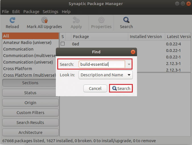search-build-essential-in-snaptic-package-manager-ubuntu-linux كيفية تثبيت GCC على Ubuntu