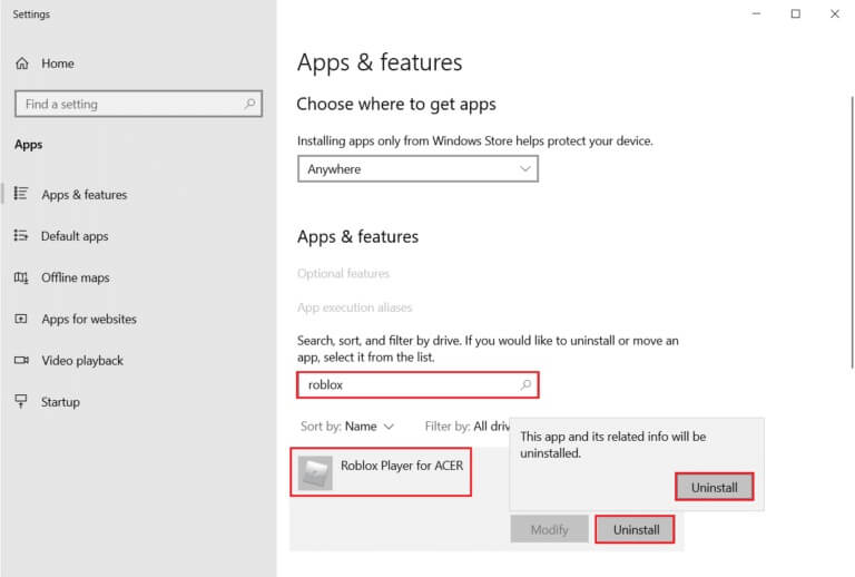 search-roblox-in-the-apps-and-features-search-bar-and-select-it-and-click-on-Uninstall-768x518-1 إصلاح خطأ لا توجد كاميرا متصلة 0xa00f4244