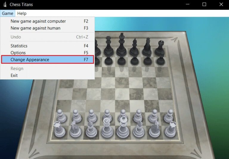 select-Change-Appearance-in-the-Game-dropdown-menu-of-Chess-Titans-app-768x534-1 كيفية لعب Chess Titans على Windows 10